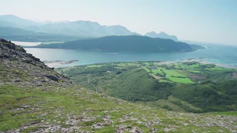 Panoramic-View-Of-The-Green-Mountains-In-Steigen-Norway---panning-wide-shot