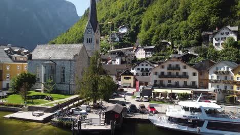 Amazing-aerial-view-of-Hallstatt-skyline-in-summer-season,-drone-view-from-the-lake--Austria,-Europe