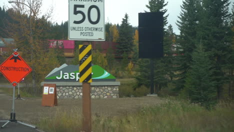 Jasper-Town-Road-Sign,-Alberta,-Canada.-Driver's-POV