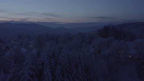 Die-Drohne-Bewegt-Sich-Im-Tiefflug-über-Den-Wald-Und-überquert-Nachts-Bäume,-Die-Sehr-Eng-Mit-Schnee-Gefüllt-Sind