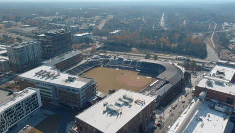 Aerial-On-Durham-Bulls-Athletic-Park-Baseball-Stadium-And-US-Freeway