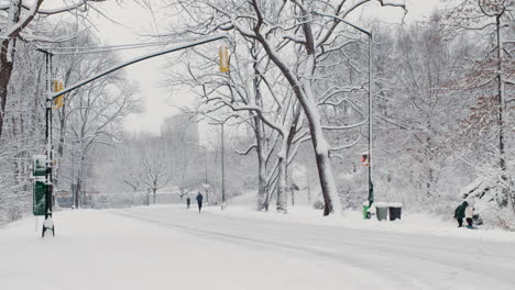 Mann-Joggt-Auf-Schneebedeckter-Straße-Im-Central-Park,-New-York-City