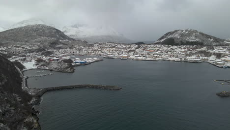 Panoramic-View-Of-Skjervøy-Municipality-In-Troms-og-Finnmark-County,-Norway-During-Winter---aerial-drone-shot
