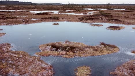 Aerial-drone-view-of-frozen-ice-lakes-in-a-bog-landscape