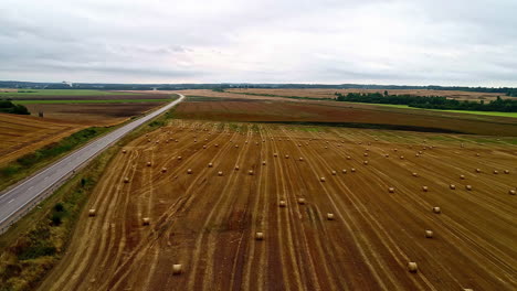 Drone-shot-flying-over-a-raked-field-with-hay-bales-scattered-out