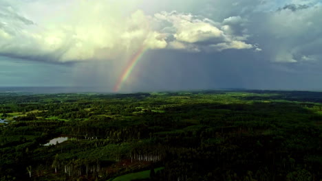 Aerial-shot-of-a-colorful-rainbow-over-green-forest-area-on-a-cloudy-sky-at-daytime