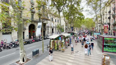 Walk-through-the-center-of-Barcelona-with-a-gimbal-walking-forward-along-the-pedestrian-path