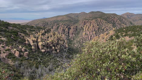 Unique-rock-formation-landscape-of-Chiricahua-National-Monument-in-Arizona,-tilt-up-reveal-shot