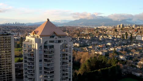 Drone-Ascend-Over-High-rise-Contemporary-Buildings-In-Brentwood-Neighbourhood-In-Burnaby,-Canada