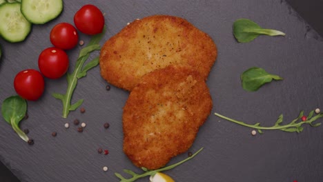 High-angle-view-of-beautifully-cooked-golden-brown-vegan-schnitzel-surrounded-by-a-mosaic-of-garnishes-tomatoes,-cucumber,-arugula,-peppercorns,-lemon-on-a-gray-slate-platter