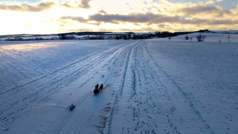 Horses-pulling-a-sleigh-with-riders-on-a-frozen-and-snowy-road-to-the-village,-at-bright-sunset---drone-follow-shot