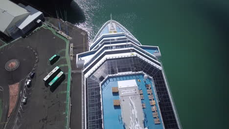 Aerial-view-of-the-bow-of-Costa-Pacifica-cruise-ship-docked-in-the-port-of-Pointe-à-Pitre,-Guadeloupe