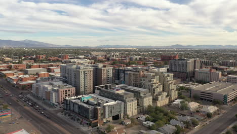 Student-housing-dorms-The-Parker-building,-University-of-Arizona-in-Tucson,-drone-forward