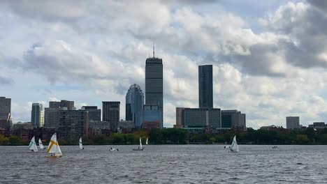 Many-colorful-sailboats-on-the-Charles-River-in-Boston,-USA---static-view