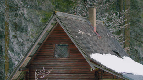 Handheld-shot-of-a-wooden-house-with-chimney-and-snow-on-the-roof-in-Black-Forest