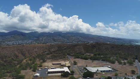 Flyover-Factory-complex-towards-Ko-Olina-Panorama-Landscape,-Mountain-range-Background,-Hawaii