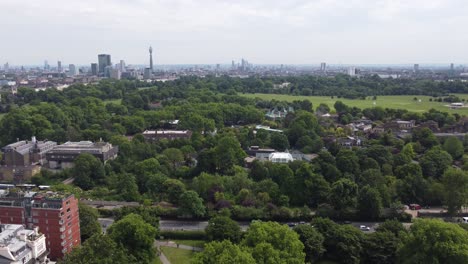 Regents-park-London-city-skyline-and-BT-tower-in-distance-drone-aerial-view