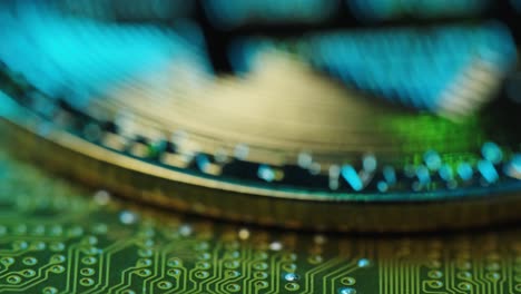 Bitcoin-on-Circuit-board,-Rack-focus,-Extreme-close-up-motion,-Depth-of-field
