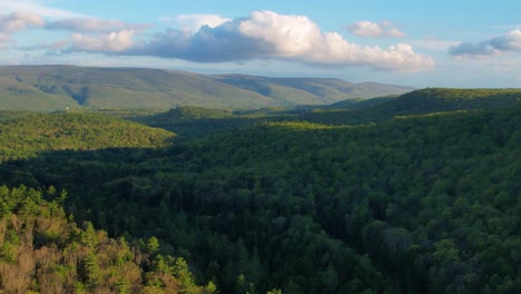 Aerial-drone-video-footage-of-a-vast-endless-forest-with-rolling-green-hills-in-the-Appalachian-Mountains-during-spring-or-summer-in-new-york's-catskill-mountain-subrange