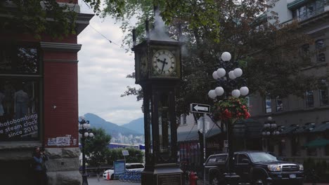 Gastown-steam-clock-in-Vancouver-BC-medium-tight-zoom-out-steam-coming-out-from-pipes-on-top-of-metal-clock