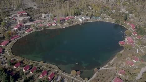 Aerial-shot-of-Shangri-La-resort-at-lower-Kachura-Lake-in-Skardu-Gilgit-Baltistan-,Pakistan