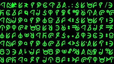 Bewegte-Grafiken-Mit-Zeilen-Aus-Kurvigen-Hieroglyphen-Im-Alien-Stil-Und-Geschriebenem-Text,-Der-Sich-Schnell-In-Zufälligen-Sequenzen-ändert,-In-Mittelgroßer-Grüner-Schrift---Ideal-Für-Bildschirmersatzinhalte