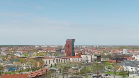 Aerial-view,-the-panorama-of-Klaipeda-city-is-focused-on-the-city-skyscrapers