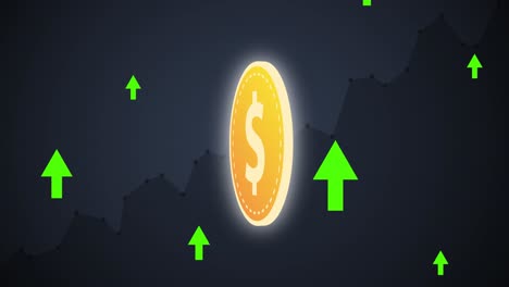 Animation-Of-Green-Arrows-Going-Up-With-Gold-Dollar-Coin-And-Graph
