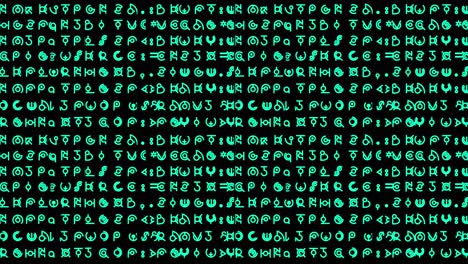 Bewegte-Grafiken-Mit-Linien-Aus-Hieroglyphen-Im-Alien-Stil-Und-Geschriebenem-Text,-Der-Sich-Schnell-In-Zufälligen-Sequenzen-ändert,-In-Kleiner-Blaugrüner-Schriftart---Ideal-Für-Bildschirmersatzinhalte