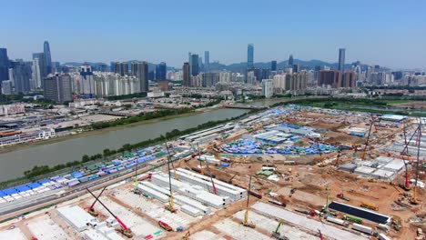 Large-scale-construction-development-site-in-downtown-Hong-Kong,-Aerial-view
