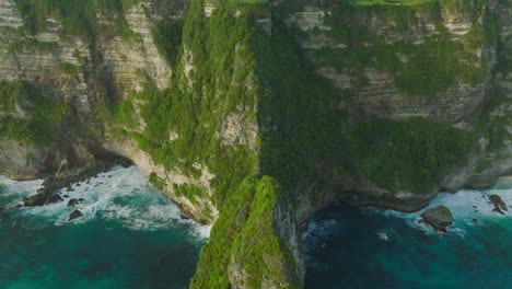 Iconic-Sekartaji-cliff-covered-in-lush-vegetation-with-blue-tropical-sea-water,-aerial