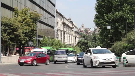 A-view-of-Blue-line-public-transportation-bus-in-Tbilisi,-Georgia