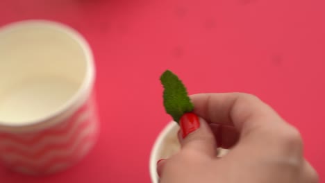 Close-up-of-plucking-a-mint-leaf-off-the-steam-to-use-as-a-garnish-on-dessert