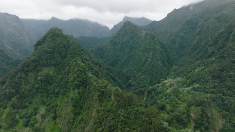 Epic-untouched-mountainous-terrain-with-lush-jungle,-central-Madeira