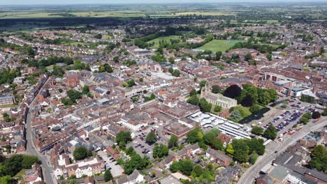 Hitchin-Hertfordshire,-market-town-England-UK-high-drone-aerial-pan-view