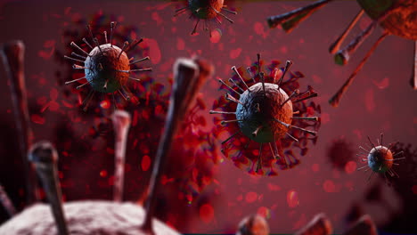 Coronavirus-Covid-19-macro-animation-rendering-of-red-pathogen-viruses-floating-on-blood-cells-and-hemoglobin-background