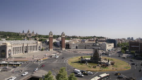 The-famous-landmark-of-Plaza-Espanya-roundabout-with-the-Venetian-Towers-in-the-city-center-of-Barcelona