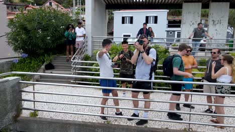 Aerial-drone-footage-of-creators-on-the-balcony,-taking-shots-and-videos-of-the-mountain-range-in-Funchal,-Madeira-Island,-Portugal-at-daytime