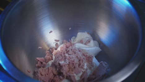 Preparing-Low-fat-Cheese,-Mayonnaise,-And-Canned-Tuna-In-A-Mixing-Bowl-For-Tuna-Pasta-Recipe