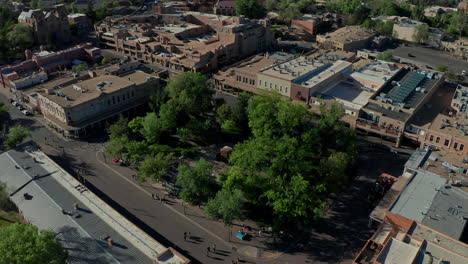 Aerial-orbiting-Santa-Fe-New-Mexico-Plaza-downtown