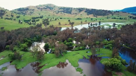 Imágenes-De-Drones-En-Movimiento-Lento-De-Las-Llanuras-Aluviales-Hinchadas-Del-Río-Mitta-Mitta-Cerca-De-Donde-Entra-En-El-Lago-Hume,-En-El-Noreste-De-Victoria,-Australia