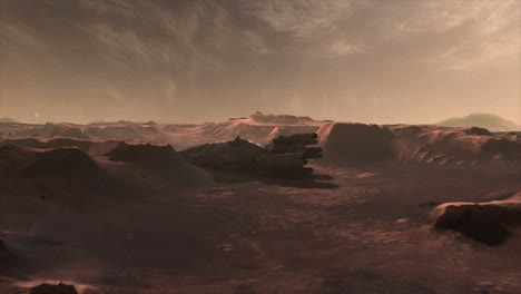 High-quality-cinematic-3D-CGI-render-of-a-mars-landscape-scene-flyover-with-the-vast-hulk-of-a-crashed-derelict-spaceship,-dead-and-long-abandoned-on-the-valley-floor,-in-martian-red-color-scheme