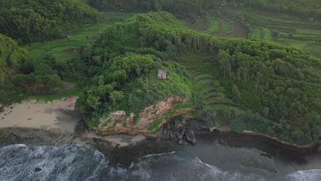 aerial-view-of-a-coastal-cliff-covered-with-a-forest-and-on-top-a-house-looking-down-on-a-beach-where-the-waves-break-on-the-sand