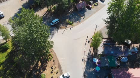 4K-Overhead-Drone-Video-of-Main-Street-of-Talkeetna,-Alaska-during-Sunny-Summer-Morning