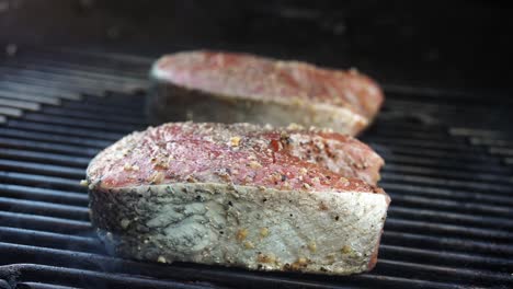 Wild-caught-salmon-steaks-cooking-on-the-backyard-grill-seasoned-perfectly---closing-the-lid