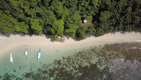 Aerial-backwards-tracking-shot-from-green-tropical-island-with-vegetation-to-sandy-beach-with-crystal-clear-waters-and-coral-reefs-in-the-Philippines