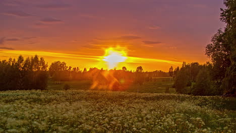 Dramatic-sky-at-sunset-with-red-sun-shine-over-a-rural-field