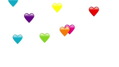 Animation-Von-Emoji-Herzen-In-Allen-Farben,-Die-Von-Oben-Fallen,-Bis-Sie-Unten-Anhalten,-übereinander,-Auf-Weißem-Hintergrund