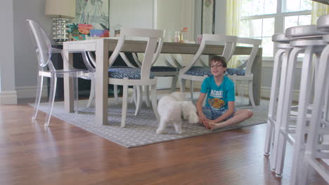 A-little-boy-and-his-maltipoo-sit-on-the-floor-of-the-dining-room-and-pose-for-the-camera