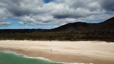 Lost-Person-Walking-Along-Beach-With-White-Sand-And-Waves-Rolling-In-Tasmania,-Australia